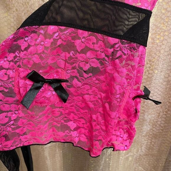 Hot Pink Black Lace Padded Push Up Tie Back Baby Doll Lingerie Med NWOT - Picture 5 of 8